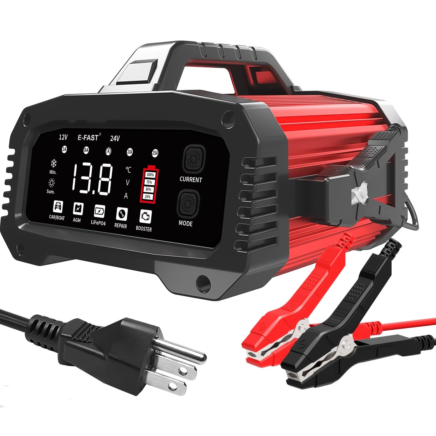 E-FAST 25A Smart Car Battery Charger, 12V/24V Automatic Automotive Battery Maintainer & Desulfator with 200s Booster Mode - Adju